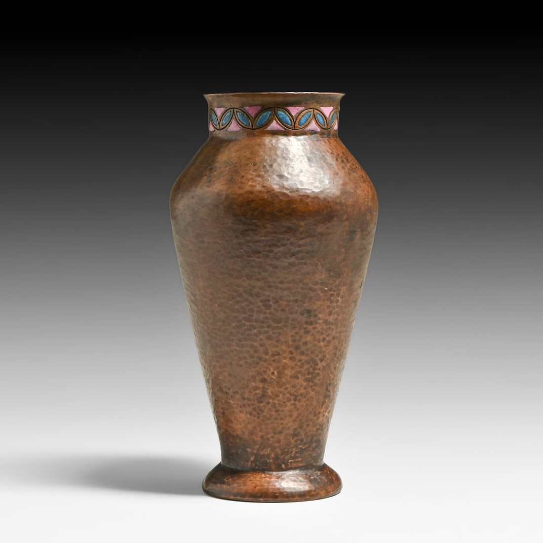 German Secessionist Hammered Copper & Enamel Vase c1905: German Secessionist Hammered Copper & Enamel Vase c1905. Unsigned. Excellent original patina. Original enamel in excellent condition. 8.75"h x 4.75"d FREE NATIONWIDE SHIPPING Free Nationwide Shipping 