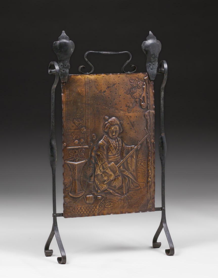 English Arts & Crafts Japonesque Repousse Hammered Copper & Iron Fire Screen c1900 (1 of 5)