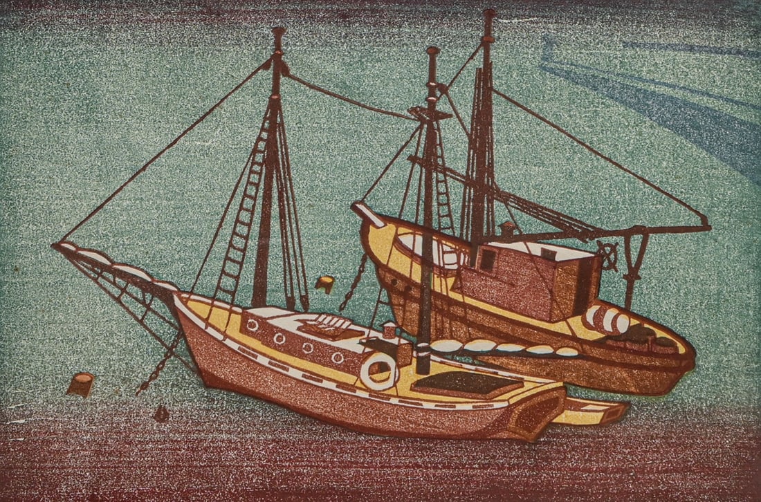 Anders Gustaf Aldrin (American/Swedish, 1889-1970) Color Woodcut Fishing Boats c1935: Anders Gustaf Aldrin (American/Swedish, 1889-1970) Color Woodcut Fishing Boats c1935. Signed. Excellent condition. 8.5"h x 12.5"w. Frame 16"h x 20.25"w FREE NATIONWIDE SHIPPING Free Nationwide Shippin