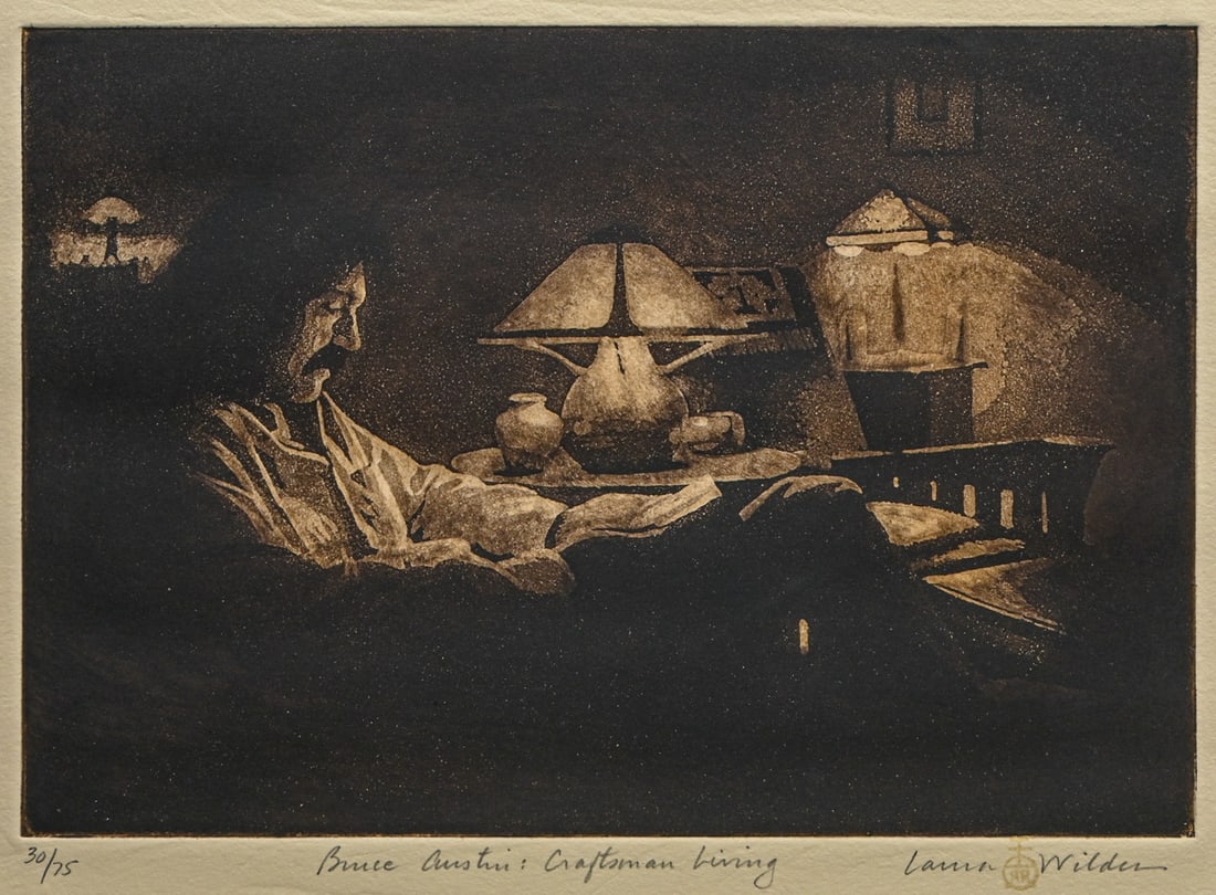 Laura Wilder Aquatint "Bruce Austin: Craftsman Living" Roycroft Renaissance Art c2000s: Laura Wilder Aquatint "Bruce Austin: Craftsman Living" Roycroft Renaissance Art c2000s. Signed. Excellent condition. 8.25"h x 11.25"w. Frame 20.5"h c 22.5"w FREE NATIONWIDE SHIPPING Free Nationwide Sh
