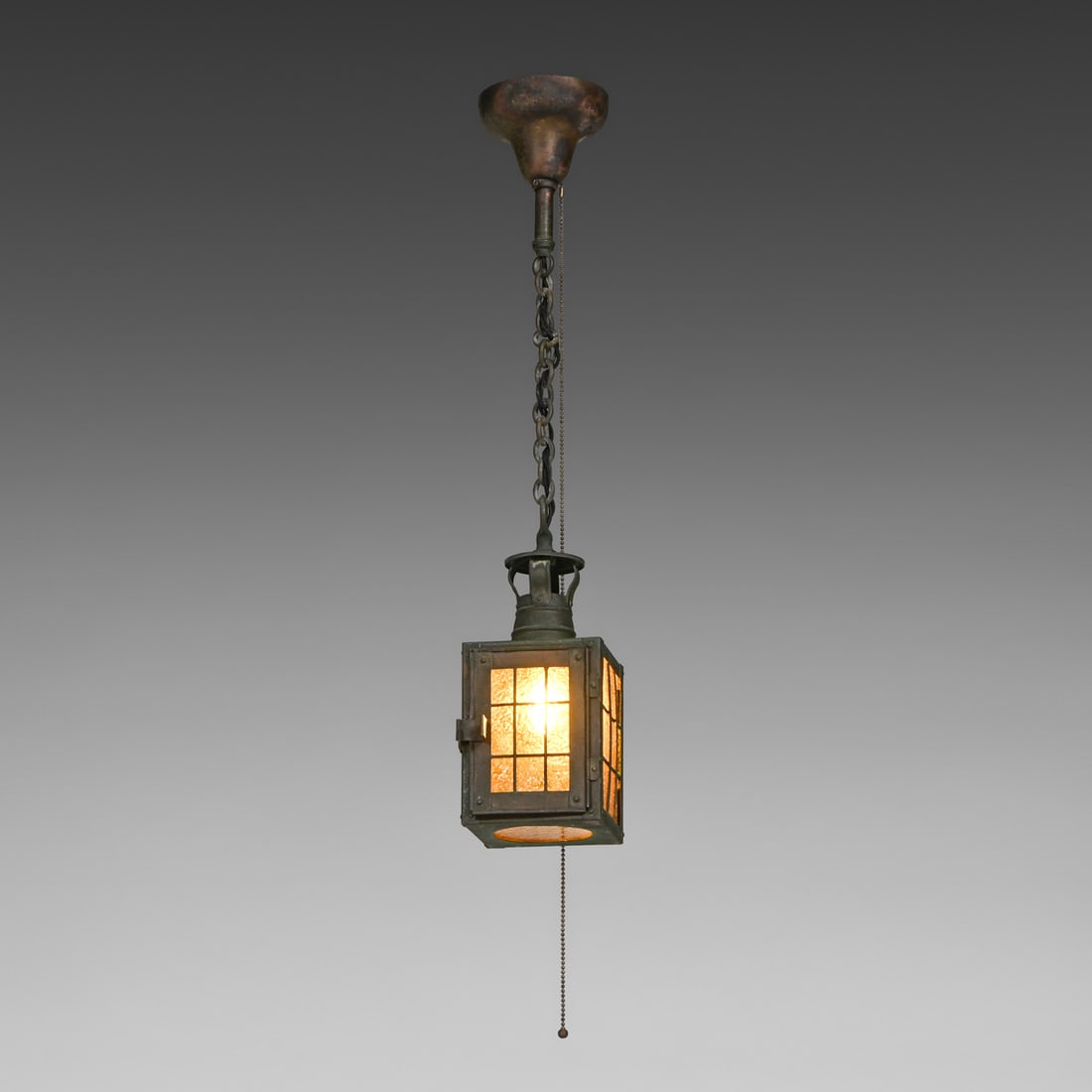 Arts & Crafts Period Copper & Amber Glass Hanging Lantern c1910: Arts & Crafts Period Copper & Amber Glass Hanging Lantern c1910. Unsigned. Excellent original patina. Original hammered amber glass in perfectc condition. 32.5"h overall x 4.5" x 4.5" FREE NATIONWIDE