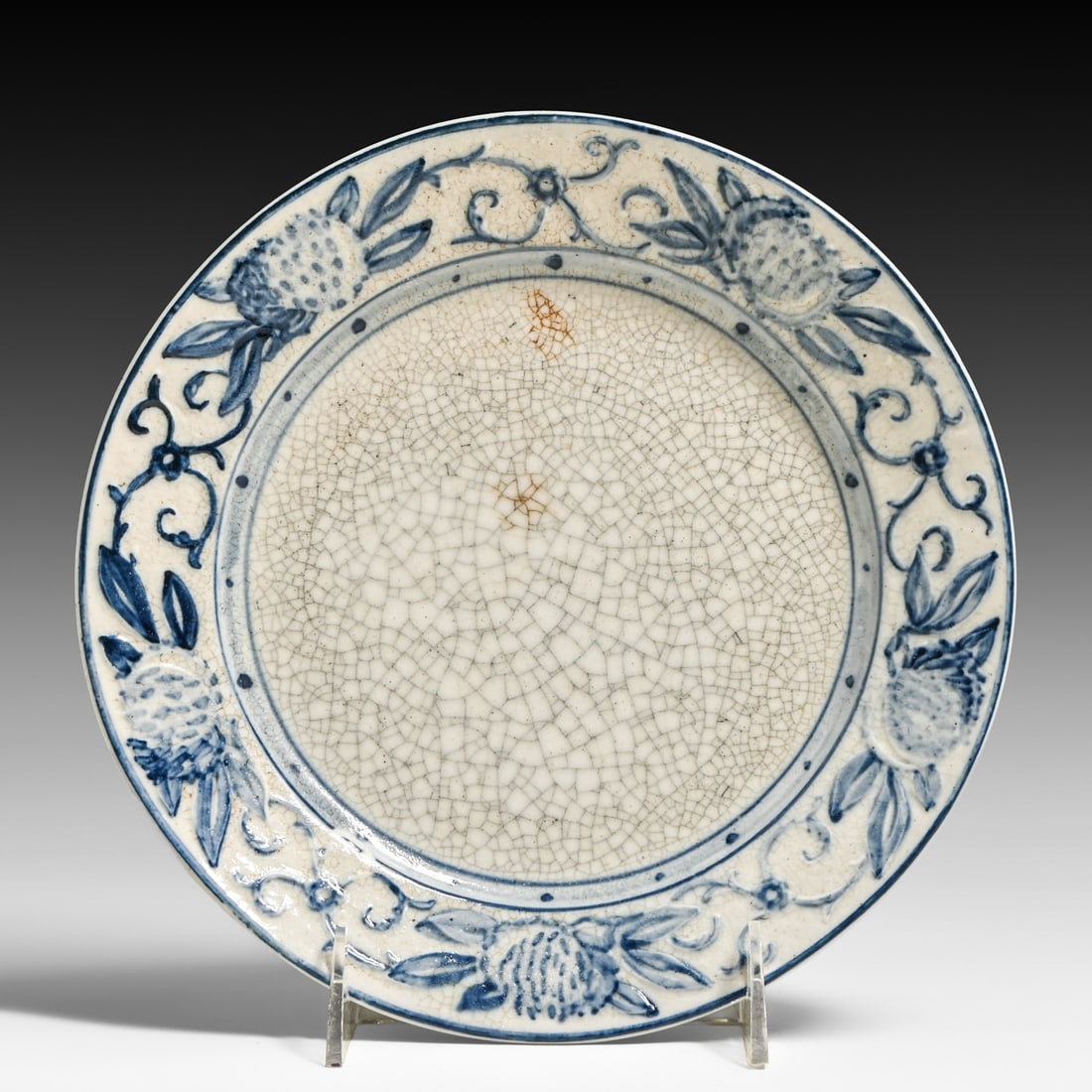 Early Chelsea Dedham CPUS Early Pineapple / Horse Chestnut Trial Variant Plate c1891-1895: Early Chelsea Dedham CPUS Early Pineapple / Horse Chestnut Trial Variant Plate c1891-1895. Signed with early impressed clover CPUS or CUSP mark. This stands for Chelsea Pottery United States. Some