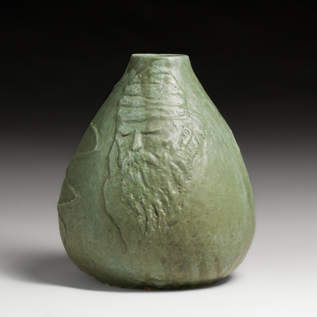 Unique Arts & Crafts Period "Green Man" & Sphinx Hand-Carved Studio Vase c1910: Unique Arts & Crafts Period "Green Man" & Sphinx Hand-Carved Studio Vase c1910. The pairing of the "Green Man" and the "Sphinx" symbolizes the balance of wild forces and ties into the theme of transfo