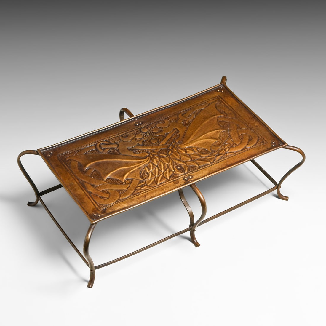 Keswick School of Industrial Art (KSIA) Hammered Copper & Brass Repousse Dragons Tabletop Stand /: Keswick School of Industrial Art (KSIA) Hammered Copper & Brass Repousse Dragons Tabletop Stand / Trivet c1900. Signed. Excellent new patina. 18.5"w x 12"d x 6"h FREE NATIONWIDE SHIPPING Free