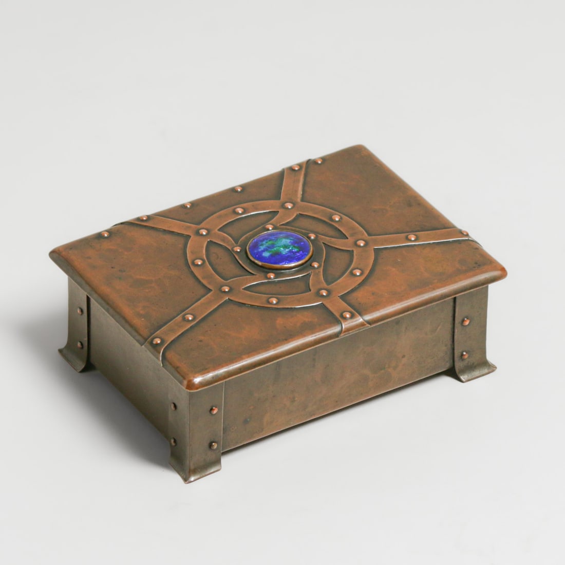 Albert Edward Jones Hammered Copper & Enamel Strap Riveted Box c1900s (1 of 8)