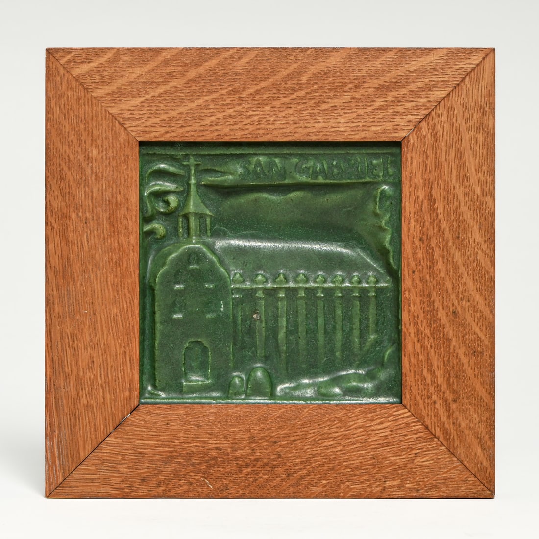 California China Products Co Matte Green Mission San Gabriel Tile c1911-1917: California China Products Co Matte Green Mission San Gabriel Tile c1911-1917. Signed "Kaospar". Perfect condition. 6" x 6". Frame 9.75" x 9.75" FREE NATIONWIDE SHIPPING Free Nationwide Shipping within