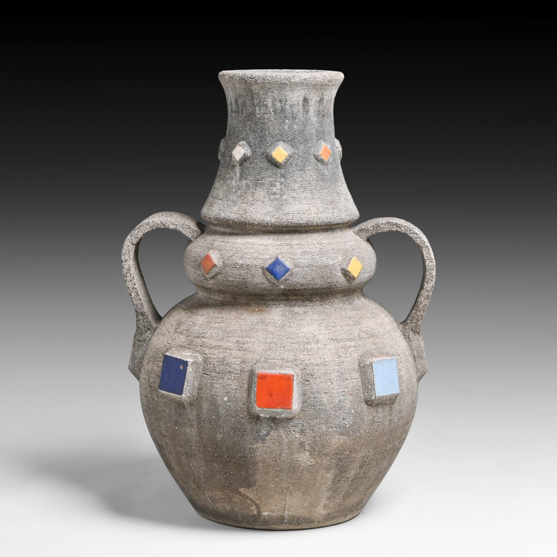 Tall Hillside Pottery Two-Handled Diamond & Square Tile Cement Garden Vase c1930: Tall Hillside Pottery Two-Handled Diamond & Square Tile Cement Garden Vase c1930. From the Estate of Diane Keaton. Unsigned. A few small chips to tile and stabilized line to handle. This piece is in e