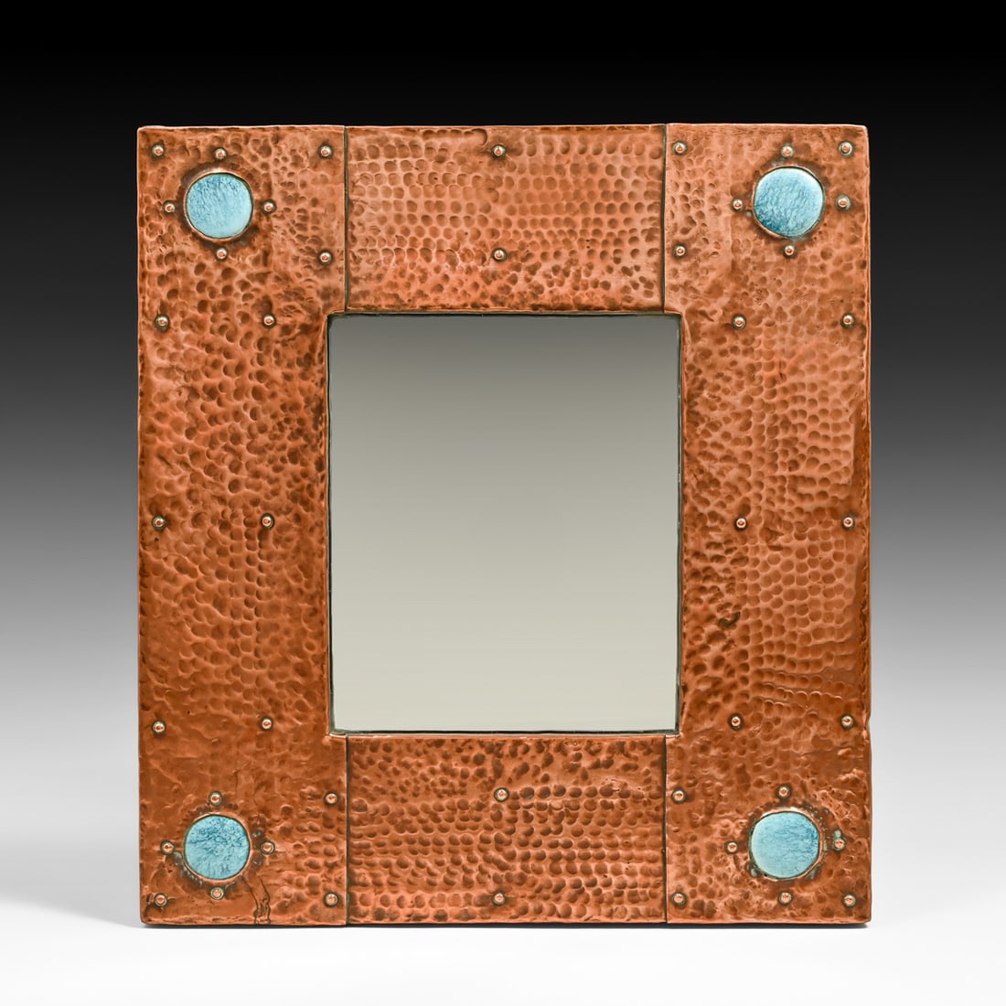 Liberty & Co Hammered Copper & Ruskin Enamel Cabochon Mirror c1900s: Liberty & Co Hammered Copper & Ruskin Enamel Cabochon Mirror c1900s. Unsigned. Polished. Excellent condition. 12.25"h x 11.25"w FREE NATIONWIDE SHIPPING Free Nationwide Shipping within the lower 48 st