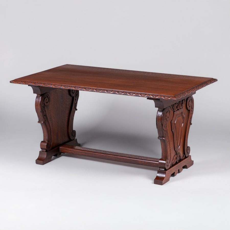 Mathews Furniture Shop – San Francisco Hand-Carved Table c1906-1918: Mathews Furniture Shop – San Francisco Hand-Carved Table c1906-1918. Unsigned. Top refinished perfectly to match original finish. 60?w x 35.5?d x 30?h FREE NATIONWIDE SHIPPING Free Nationwide Shippi