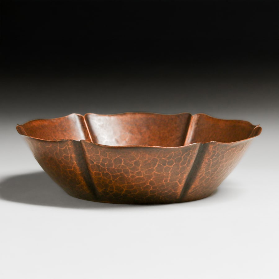 Ernest F. Burnley (1885-1957) Hammered Copper Fruit Bowl c1915-1925: Ernest F. Burnley (1885-1957) Hammered Copper Fruit Bowl c1915-1925. Oakland, CA. Burnley previously worked for Shreve & Co. as a silversmith in San Francisco. Exhibited Bay Area Copper 1900-1950, Dir