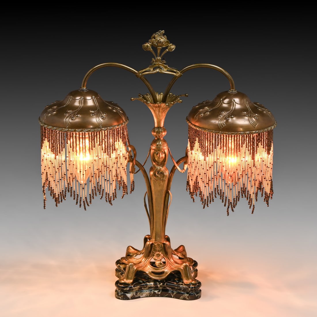 Austrian Art Nouveau "Twin Maiden" Jeweled Bronze & Marble Two-Light Table Lamp c1900s: Austrian Art Nouveau "Twin Maiden" Jeweled Bronze & Marble Two-Light Table Lamp c1900s. Unsigned. Excellent original patina. Original marble base in perfect condition. 19"h x 17"w x 6.5"d FREE NATIONW