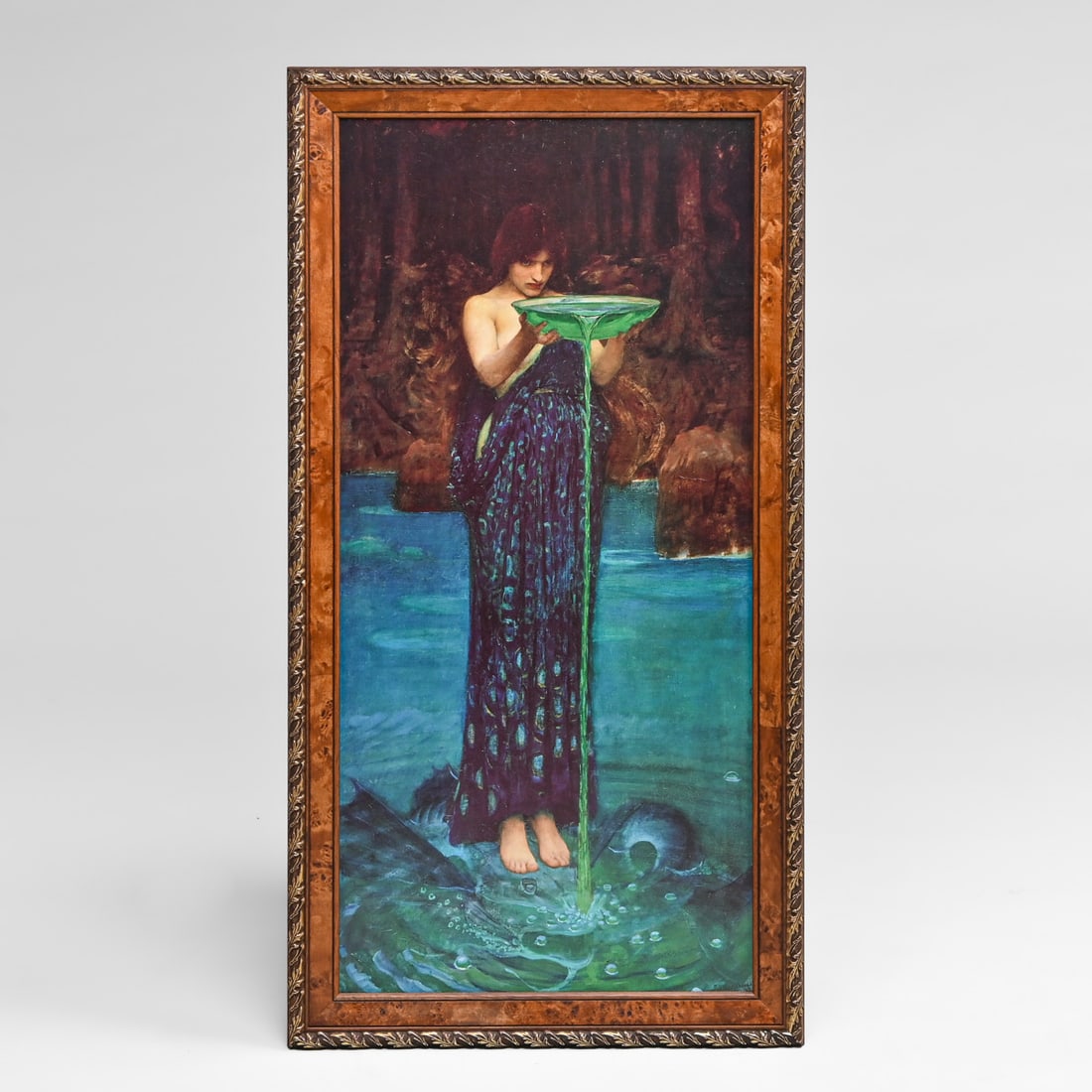 Contemporary Copy of John William Waterhouse Pre-Raphaelite Painting "Circe Invidiosa" from 1892: Contemporary Copy of John William Waterhouse Pre-Raphaelite Painting "Circe Invidiosa" from 1892. Signed "J.D. Waterhouse 1892" but this is a contemporary copy in the past 30 years. 34"h x 16"w. Frame
