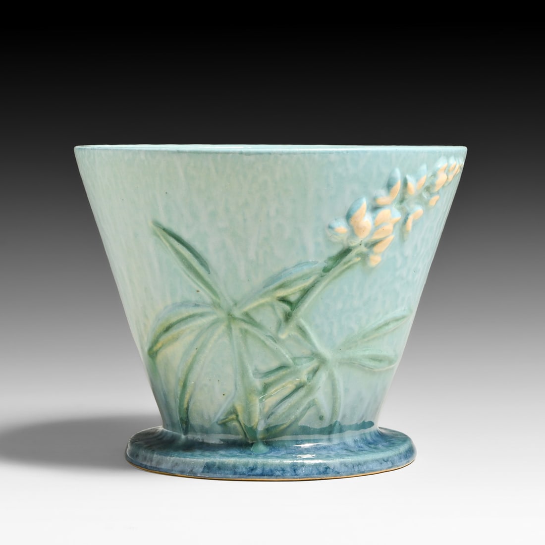 Roseville Pottery Aqua Lupine Planter Jardiniere 1941: Roseville Pottery Aqua Lupine Planter Jardiniere 1941. Signed. Small chip to rim, otherwise perfect condition. 5.25"h x 6.5"d FREE NATIONWIDE SHIPPING Free Nationwide Shipping within the lower 48 stat