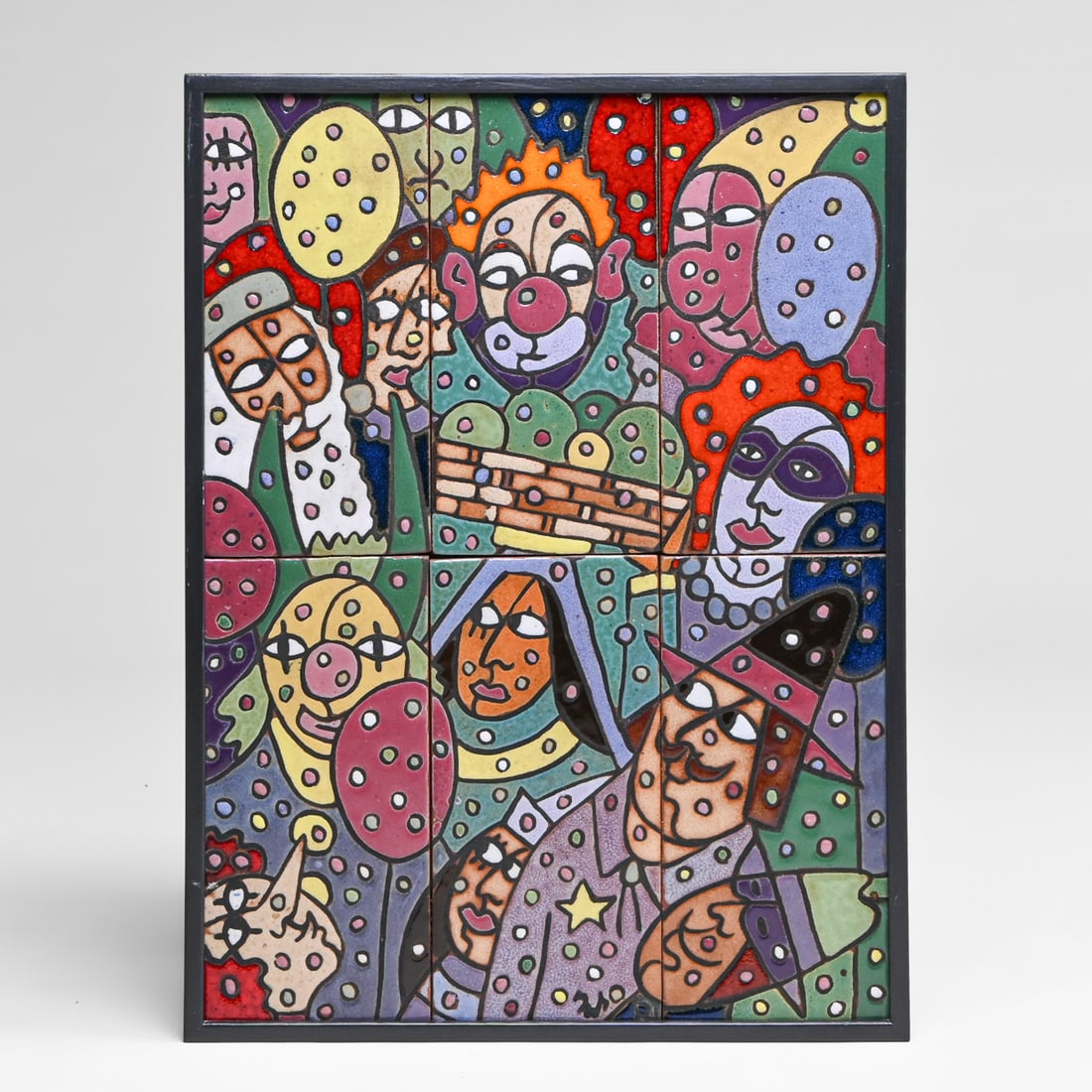 Guillermo Wagner Granizo (1923-1995) Benicia, CA Ceramic Tile Panel "Clowns" c1980s: Guillermo Wagner Granizo (1923-1995) Benicia, CA Ceramic Tile Panel "Clowns" c1980s. Signed. Perfect condition. 23.5"h x 17.25"w. Frame 24.5"h x 18.25"w FREE NATIONWIDE SHIPPING Free Nationwide