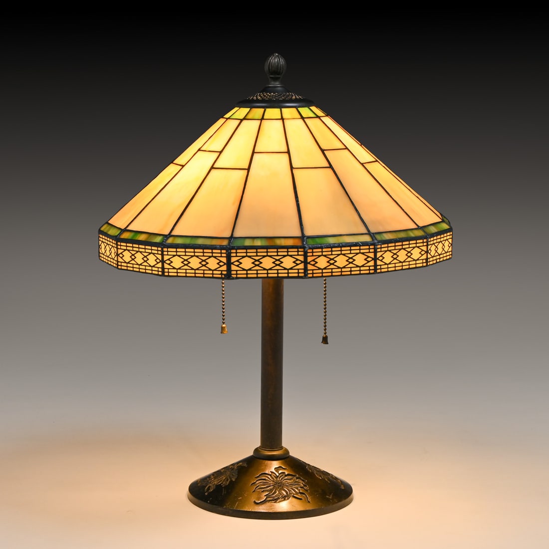 Bradley & Hubbard Leaded Glass Lamp c1920: Bradley & Hubbard Leaded Glass Lamp c1920. Signed. A few tight lines to shade. Color added to original patina. 20.5"h x 16"d FREE NATIONWIDE SHIPPING Free Nationwide Shipping within the lower 48 state
