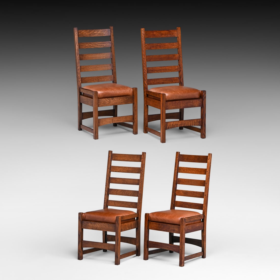Early Gustav Stickley Tall Ladderback Side Chair c1901 + 3 Matching Reproduction Side Chairs c1990s: Early Gustav Stickley Tall Ladderback Side Chair c1901 + 3 Matching Reproduction Side Chairs c1990s. The matching chairs were custom made by Craig Litherland of Portland, OR, who is considered one of