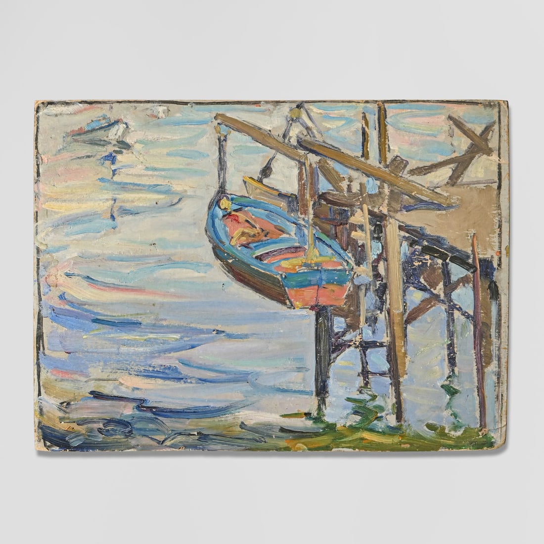 In the Manner of the Society of Six Painting: Sausalito Wharf / Boat at a Wharf c1920.: In the Manner of the Society of Six Painting: Sausalito Wharf / Boat at a Wharf c1920. Unsigned. The subject matter and geography tie this work intimately to the historic fishing hubs of the San Franc