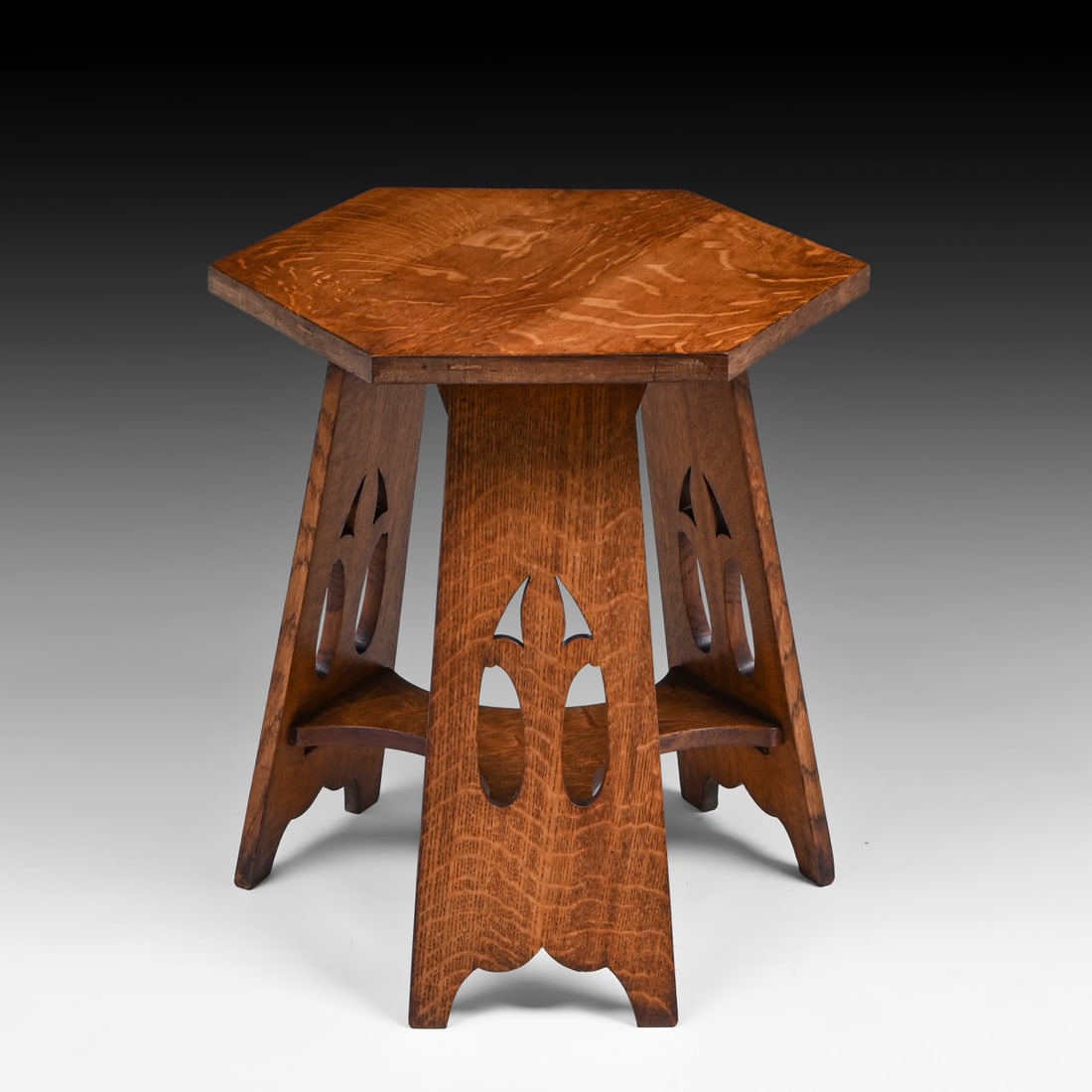 Early Stickley Brothers Hexagonal Cutout Taboret c1905: Early Stickley Brothers Hexagonal Cutout Taboret c1905. Unsigned. Old refinish. 19"h x 18"d FREE NATIONWIDE SHIPPING Free Nationwide Shipping within the lower 48 states for all purchases at our Two-Da