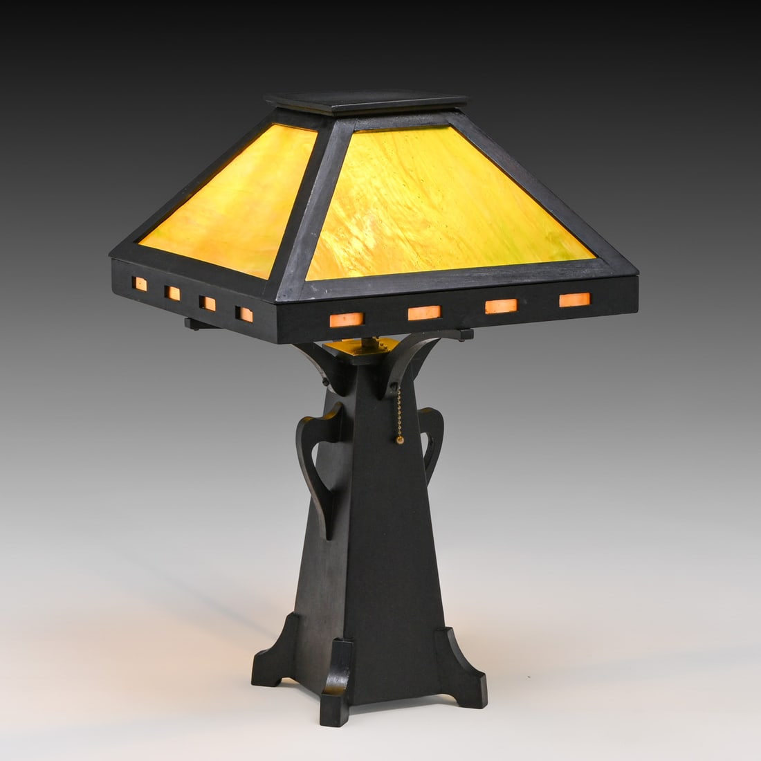 Arts & Crafts Period Oak & Slag Glass Lamp c1910: Arts & Crafts Period Oak & Slag Glass Lamp c1910. Unsigned. Painted black. Original slag glass in perfect condition. 21.5"h x 13.5" x 13.5" FREE NATIONWIDE SHIPPING Free Nationwide Shipping within