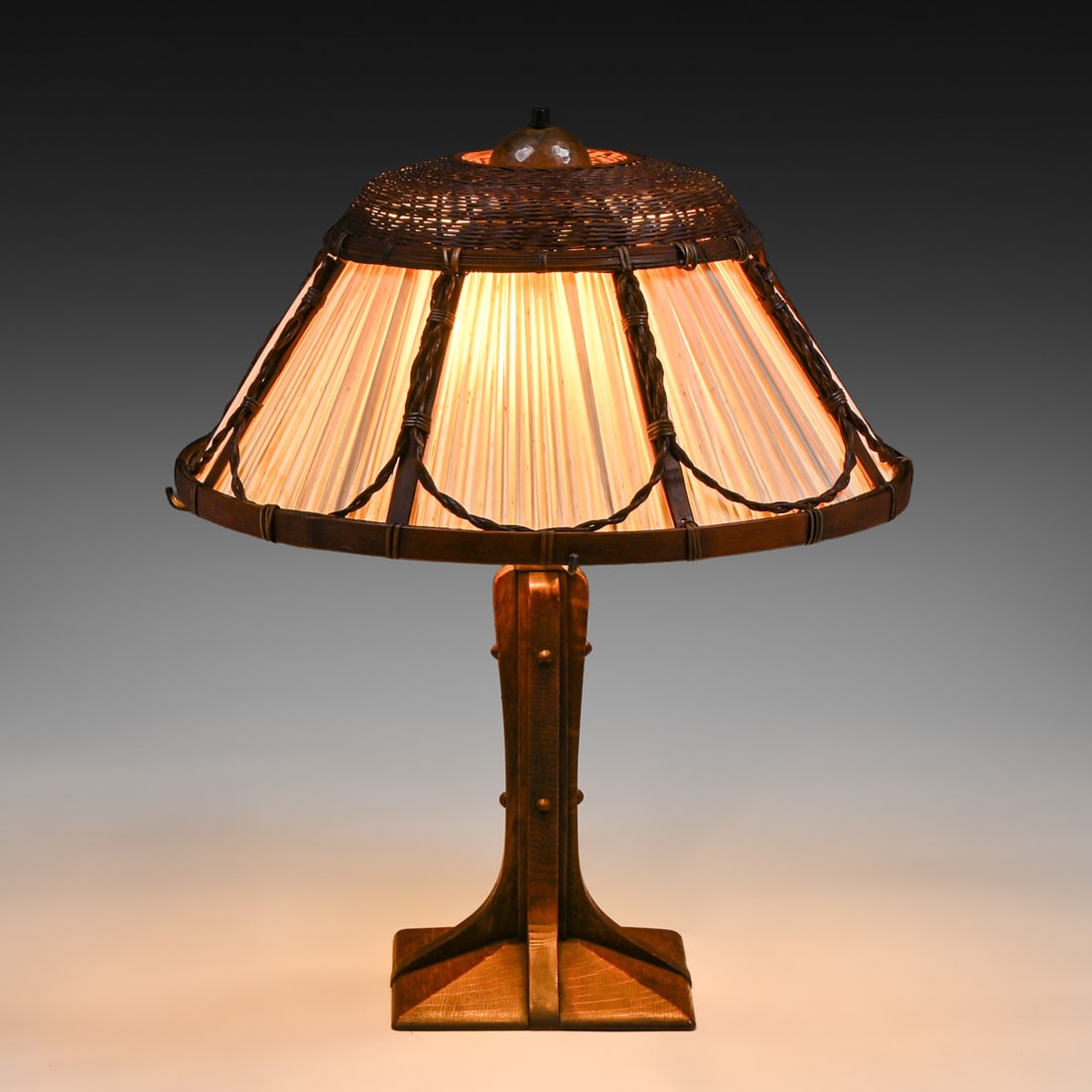Gustav Stickley #504 Oak & Willow Table Lamp c1910: Gustav Stickley #504 Oak & Willow Table Lamp c1910. Unmarked. Excellent original condition with deep, untouched original fumed oak surfaces and an exceptionally well-preserved woven shade. 22.5"h x