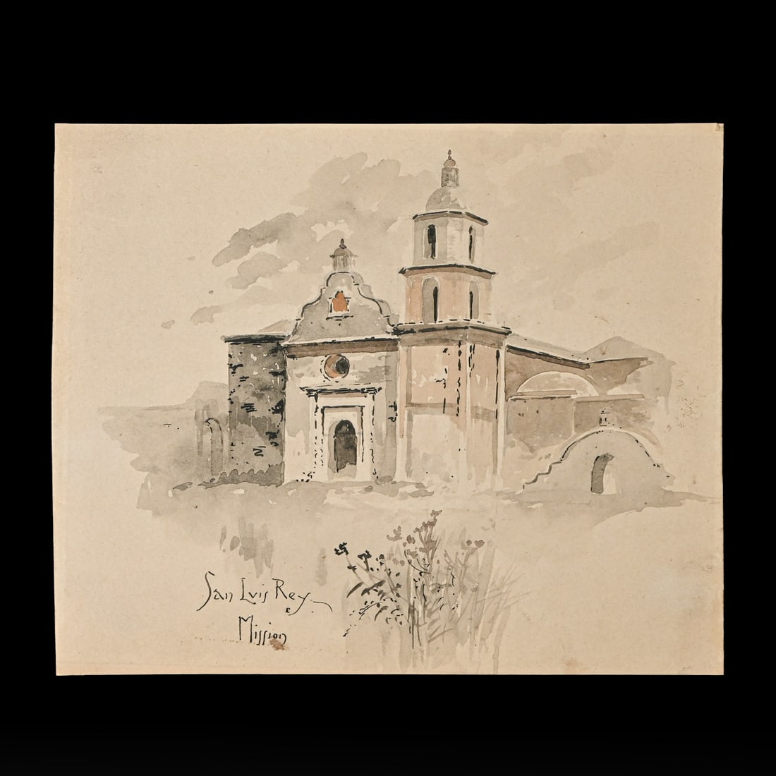 Arts & Crafts California Mission Monochrome Watercolor c1890s-1910s: Arts & Crafts California Mission Monochrome Watercolor c1890s-1910s. Titled San Luis Rey Mission lower left. Unsigned. Minor uniform age toning and reverse tape residue, otherwise in excellent antique