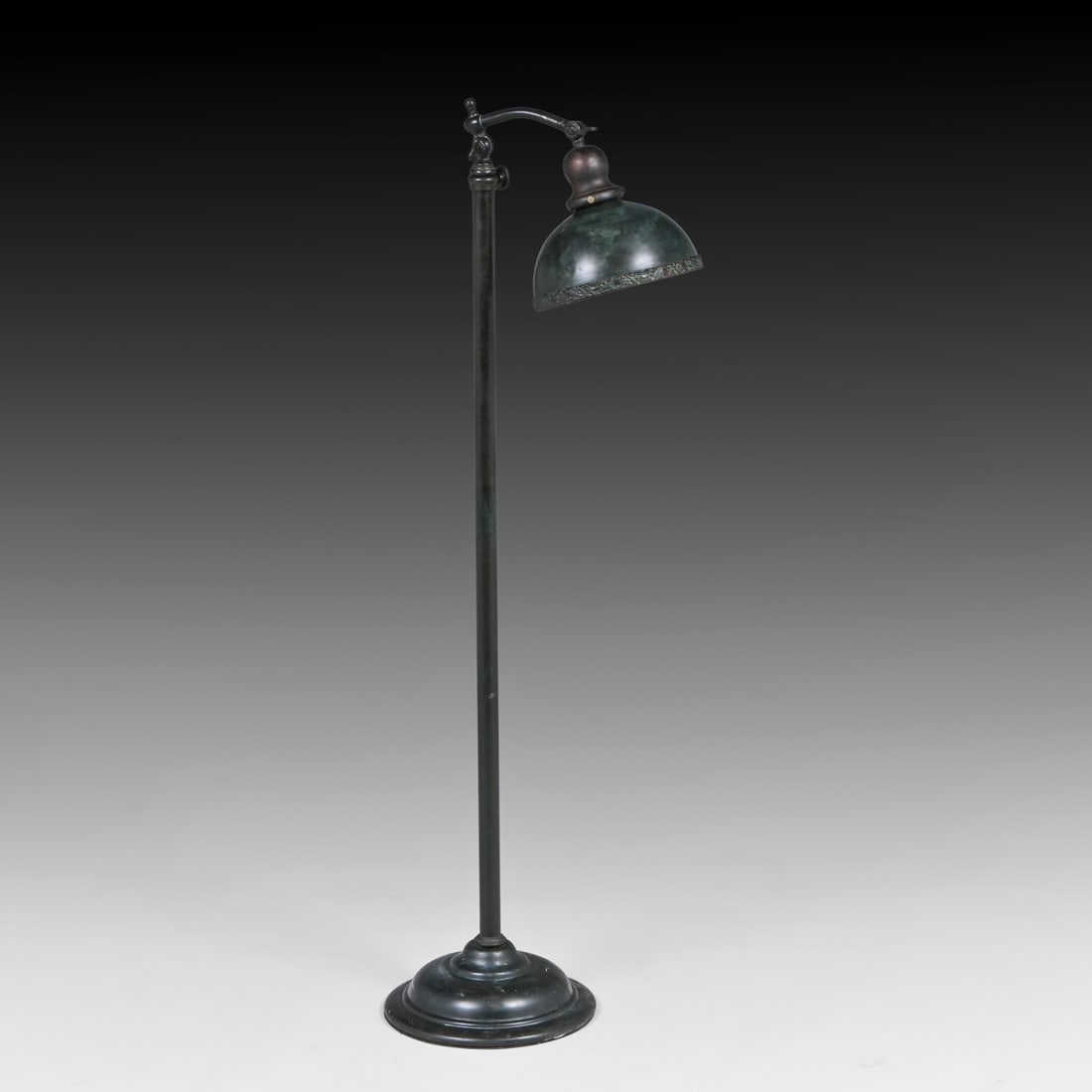 Bradley & Hubbard Adjustable Floor Bridge Lamp c1910s: Bradley & Hubbard Adjustable Floor Bridge Lamp c1910s. Unmarked. Excellent original condition with original dark green verdigris patinated finish and intact cast scrollwork border. 44"h x 11"d FREE