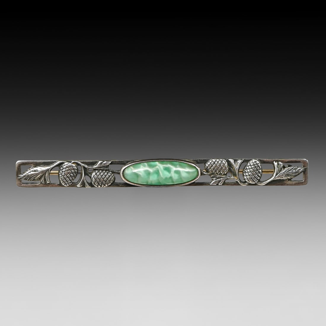 Chicago Arts & Crafts Sterling Silver Pinecone & Chrysoprase Bar Pin c1910s: Chicago Arts & Crafts Sterling Silver Pinecone & Chrysoprase Bar Pin c1910s. Marked STERLING to the underside. Excellent condition. Features an openwork hand-wrought sterling silver design showcasing
