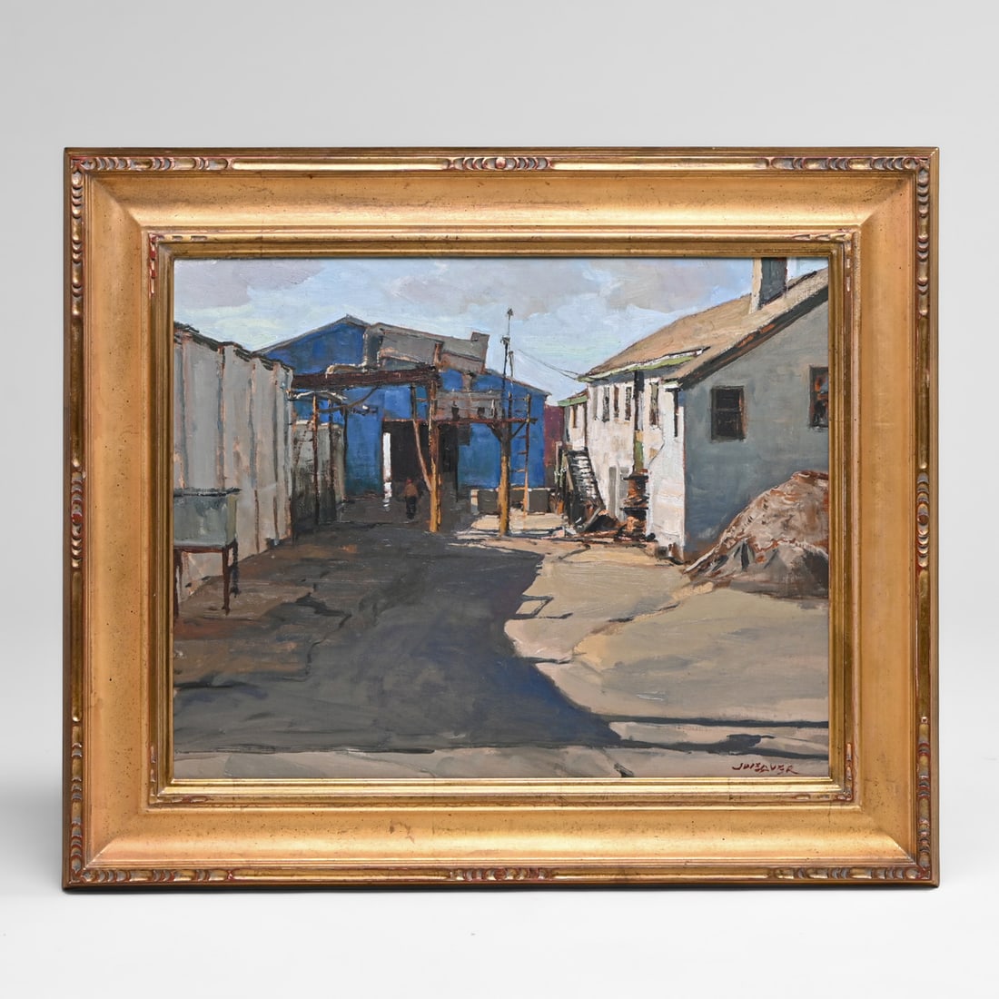 Jeff Weaver (Born 1953) "Empire Wharf" Gloucester Waterfront Industrial Painting 2017: Jeff Weaver (Born 1953) "Empire Wharf" Gloucester Waterfront Industrial Painting 2017. Oil painting on canvas. Signed. Excellent condition. 16"h x 20"w. Frame 22"h x 26"w. Provenance: Berkeley, CA Est