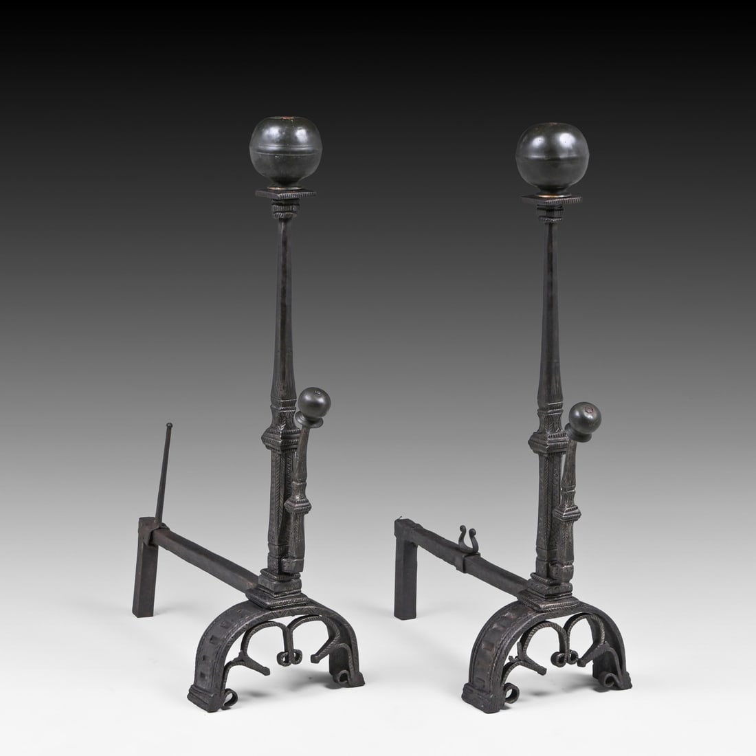 Attributed to Samuel Yellin - Philadelphia Hand-Wrought Iron & Brass Ball-Top Andirons c1910 (1 of 5)