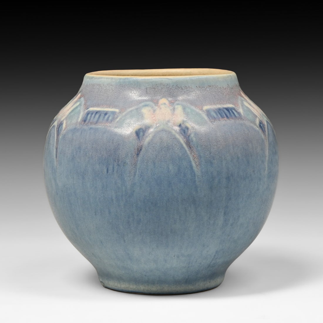 Newcomb College Connie Marie Chalaron Carved Matte Floral Vase 1924: Newcomb College Connie Marie Chalaron Carved Matte Floral Vase 1924. Marked with the incised Newcomb NC monogram, shape "814", registration "NO85", and decorator "CM" on the underside. Perfect conditi