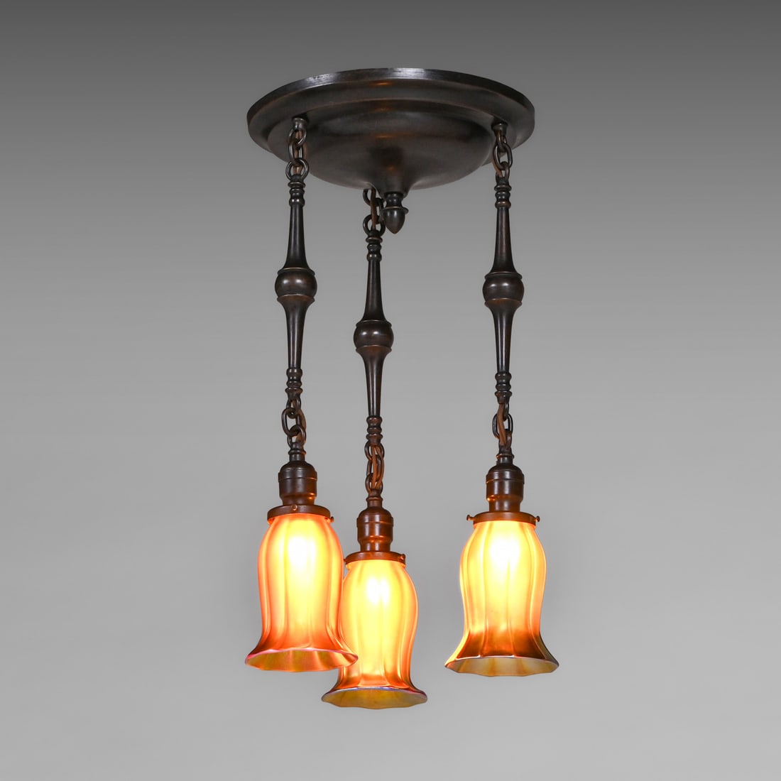 Arts & Crafts Period Quezal Art Glass Chandelier c1905: Arts & Crafts Period Quezal Art Glass Chandelier c1905. Shades signed "Quezal" and they are in perfect condition. Excellent new patina. Rewired and ready to install. 23.5"h x 12.5"d FREE NATIONWIDE SH