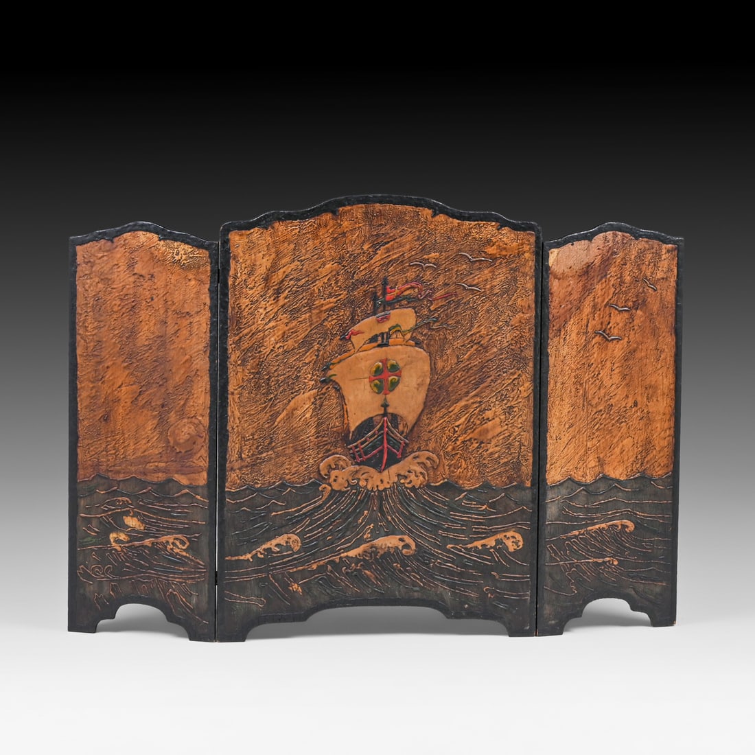 Arts & Crafts Spanish Revival Three-Panel Galleon Ship Fire Screen c1920s: Arts & Crafts Spanish Revival Three-Panel Galleon Ship Fire Screen c1920s. Unsigned. Excellent condition. 45.25"w x 32.5"h FREE NATIONWIDE SHIPPING Free Nationwide Shipping within the lower 48 states 