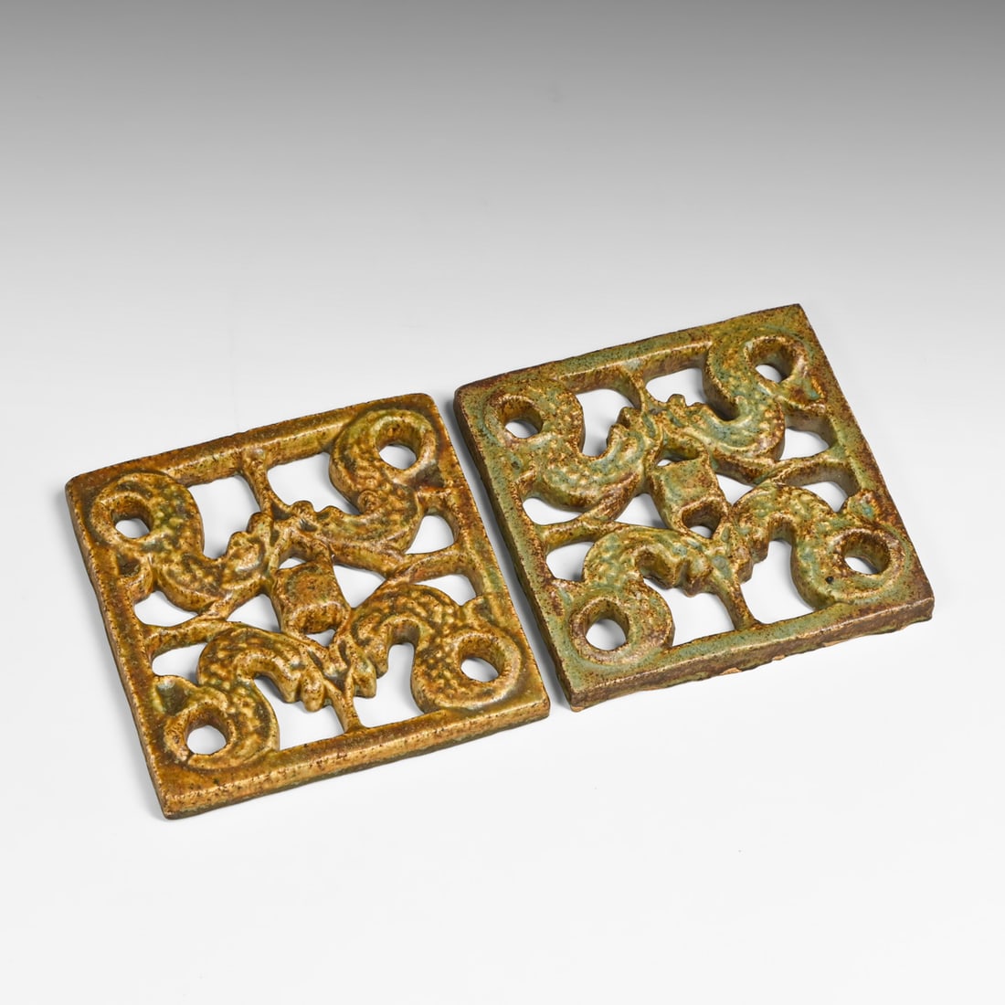 Calco Pair Arts & Crafts Pierced Serpent Motif Vent Tiles c1925: Calco Pair Arts & Crafts Pierced Serpent Motif Vent Tiles c1925. Unsigned. Perfect condition. 5.25" x 5.25" FREE NATIONWIDE SHIPPING Free Nationwide Shipping within the lower 48 states for all purchas