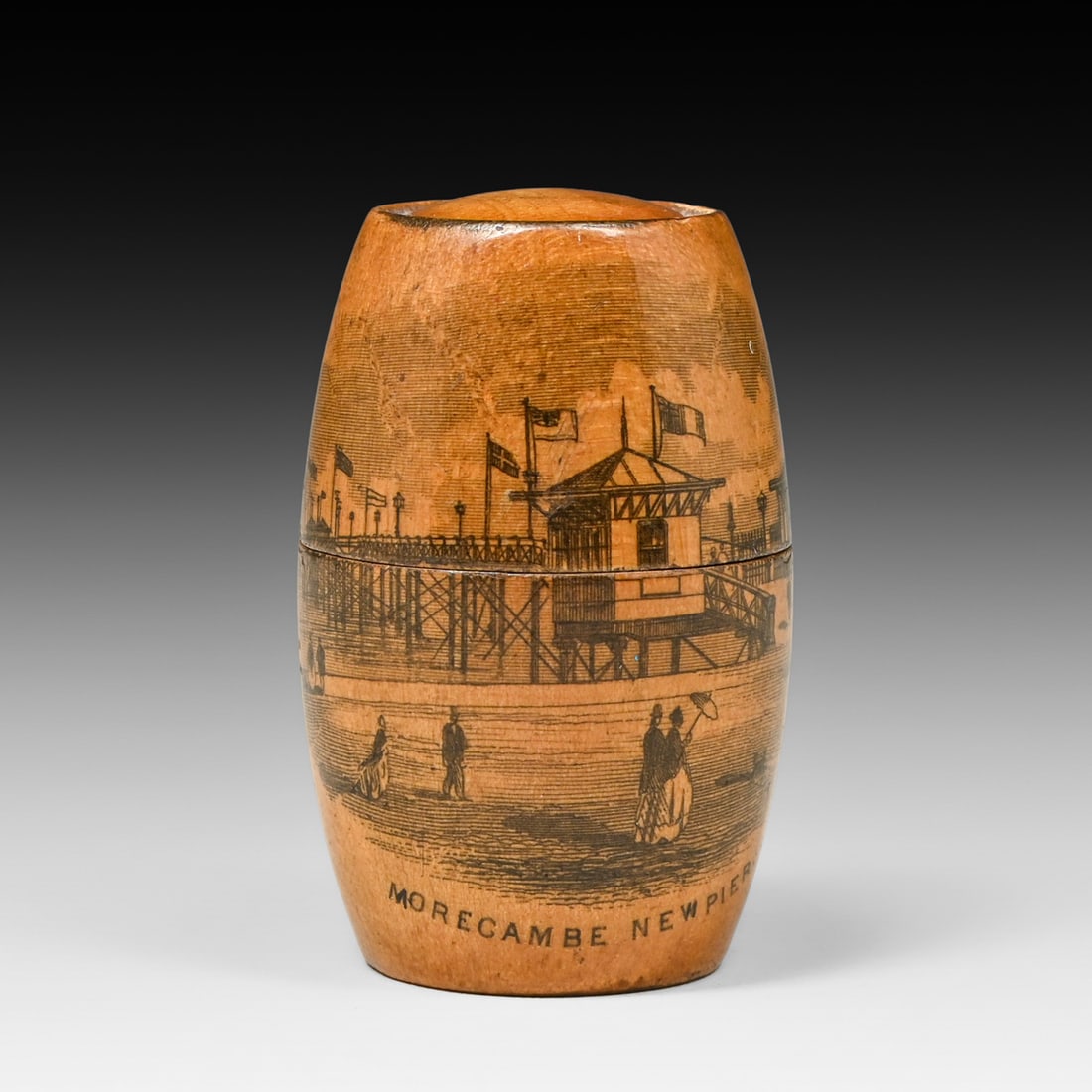 Mauchline Ware Morecambe New Pier Barrel-Form Thimble Case c1900: Mauchline Ware Morecambe New Pier Barrel-Form Thimble Case c1900. Excellent condition. 2"h x 1.5"d FREE NATIONWIDE SHIPPING Free Nationwide Shipping within the lower 48 states for all purchases at