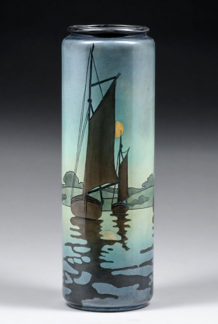 American Arts & Crafts Hand-Decorated Belleek Moonlit Sailboat Porcelain Vase c1910 (1 of 4)