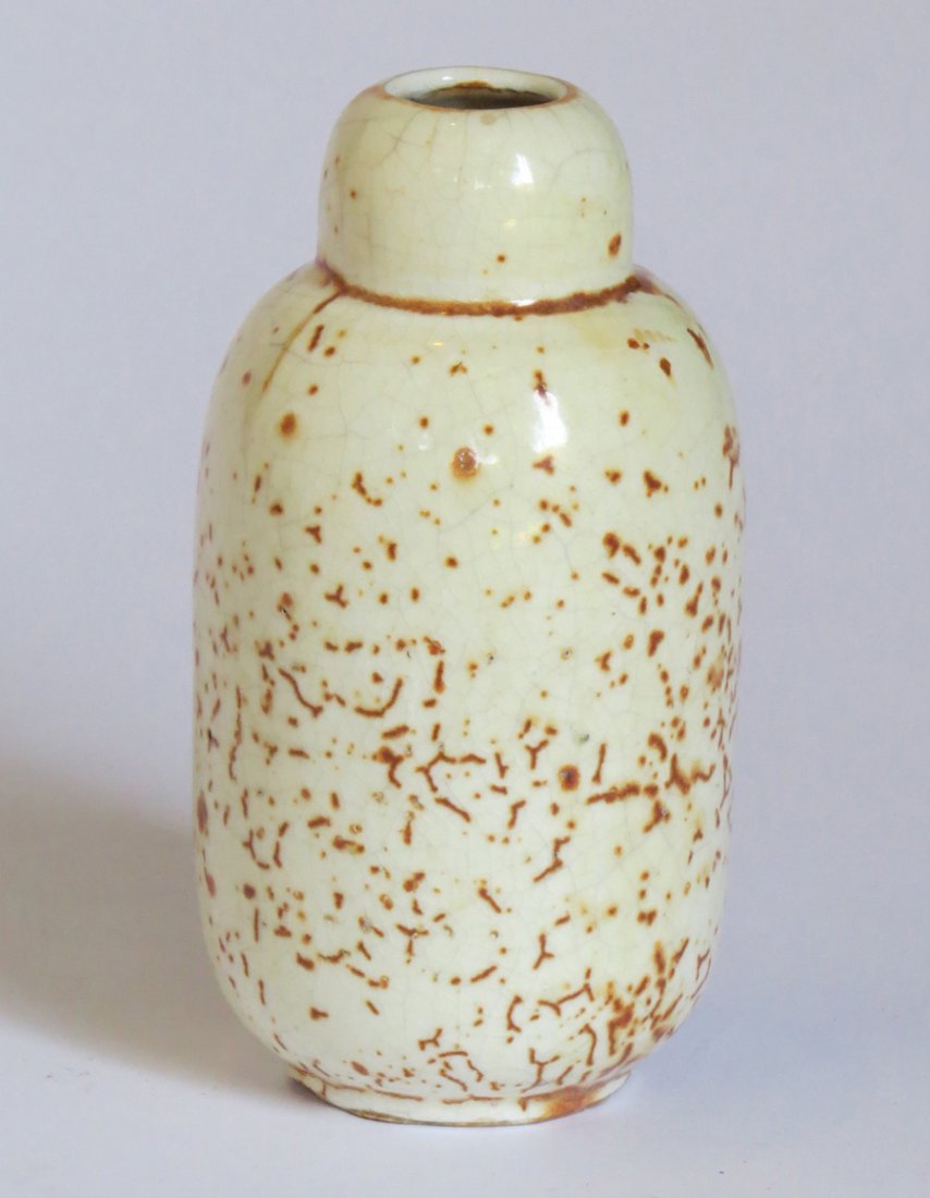 Rare Fulper Vase with Unusual Glaze: Super rare Fulper vase with speckeld brown over white experimental glaze. Unsigned. Made by John Kunsman of Fulper and given to his grandson William Kunsman when he visited the kilns as a young boy. S