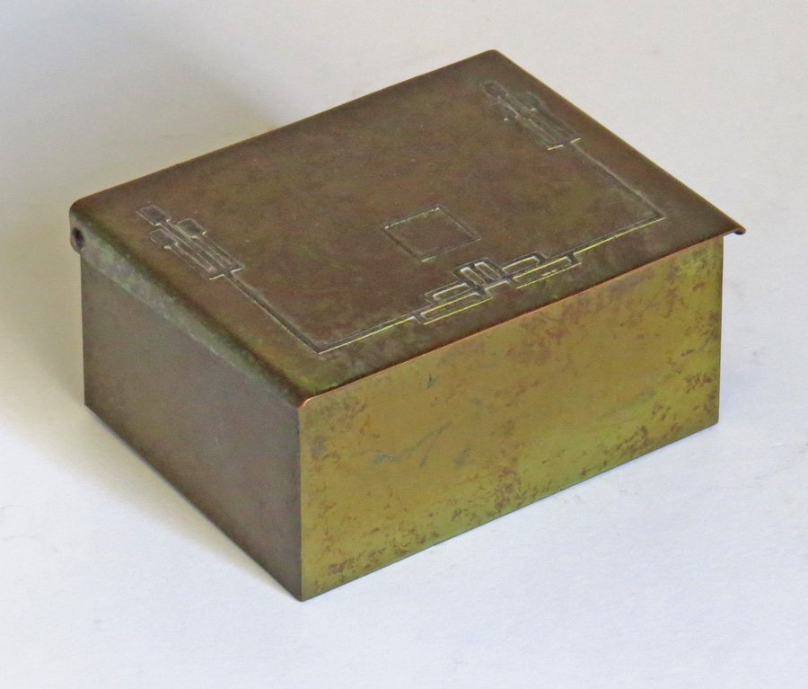 Heintz Sterling on Bronze Green Box: Heintz bronze box with stylized sterling silver geometric overlay. Wood lined. Unmarked. 2"h x 4.5"w x 3.5"d. Shipping: We box and ship ourselves, to keep shipping costs low. We do not use a packaging