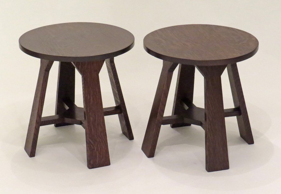 Pr Early Gustav Stickley Taborets c1900: Pr Gustav Stickley early taborets similar to model #4. c1900. Unisigned. 18"h x 18"d.