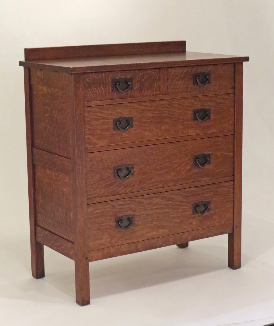Gustav Stickley 5-Drawer Dresser #909: Gustav Stickley 5-drawer dresser #909. Signed with paper label on back and red decal in drawer. 43"h x 37"w x 19"d.Larger piece are shipped via Steve Auger Shipping. He travels coast to coast every mo