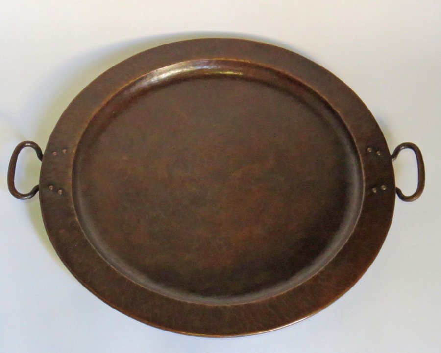 Gustav Stickley Hammered Copper Two-Handle Tray: Gustav Stickley hammered copper two-handle tray. Impressed circular mark on back. 19.25"w at handles.