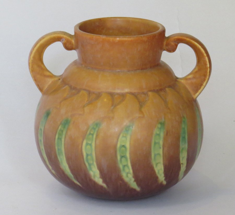Roseville Falline 2-Handle Vase: Roseville Falline 2-handle matte brown and green vase. Unmarked. 6.25"h x 6"d.