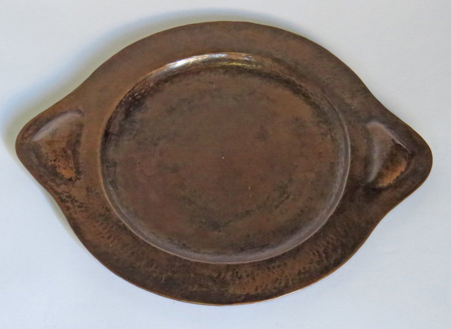 Dirk van Erp Hammered Copper Tray: Dirk van Erp hammered copper two-handle tray. 13.25"w. Signed with open-box mark c1912-1915.