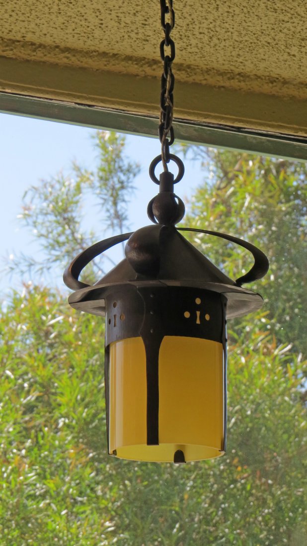 Michael Adams Hammered Copper Ellis Pendant: Michael Adams hammered copper pendant sconce originally designed for Gustav Stickley buy Harvey Ellis. 28"h overall x 10"d.