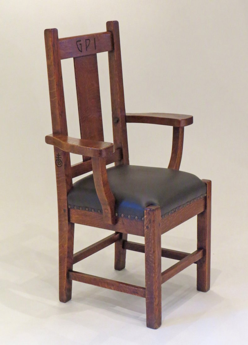 Roycroft GPI Armchair: Roycroft armchair made for The Grove Park Inn of Asheville, NC. Signed with carved Roycroft mark on side and "GPI" carved across top of front. 41"h x 25.5"w x 17"d.