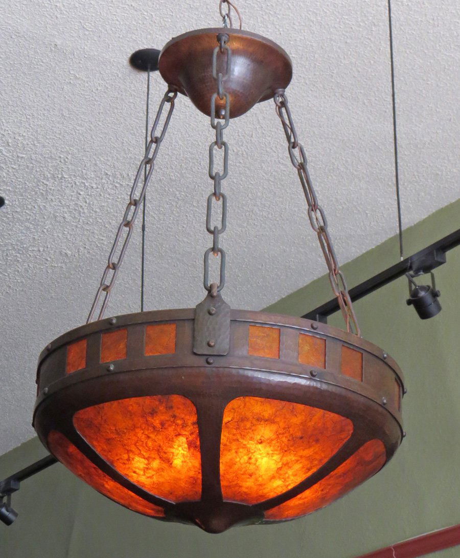 Michael Adams Hammered Copper & Mica Chandelier: Michael Adams hammered copper and mica 6-socket uplighter chandelier with cutout squares. 22"d x 32"h.