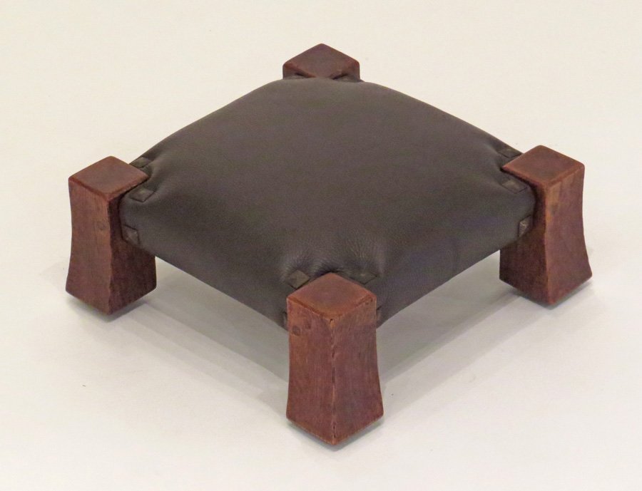 Gustav Stickley "Monk" Footstool: Gustav Stickley "Monk" footstool. Signed with red decal and paper label. 12.5"sq x 5.5"h.