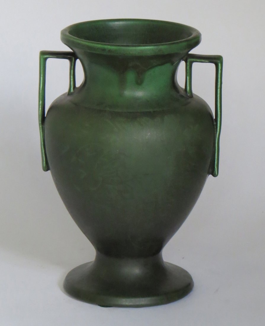 Hampshire 2-Handle Matte Green Vase: Large Hampshire matte green 2-handle vase. Impressed "JST &Co Keene, NH". 10 3/8"h x 7"w.