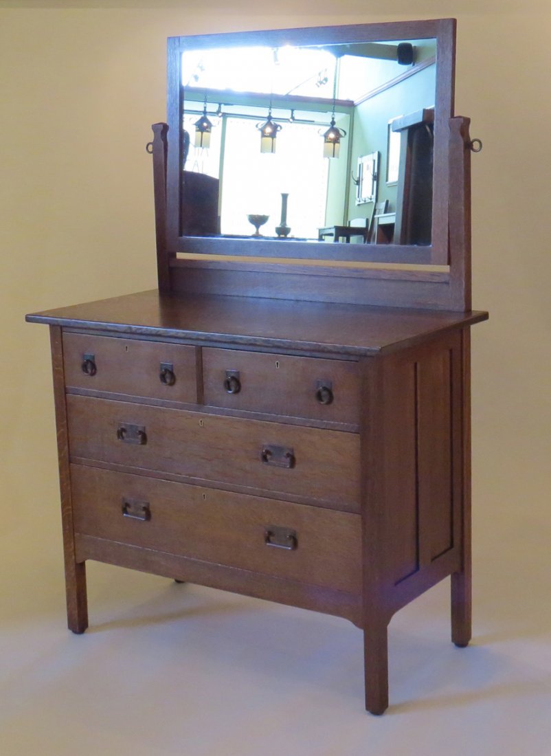 Stickley Brothers Dresser with Mirror: Stickley Brothers dresser with mirror. Two smaller drawers over two larger drawers. Signed with metal tag on back. 66.5"h x 44"w x 22"d.Larger piece are shipped via Steve Auger Shipping. He travels co