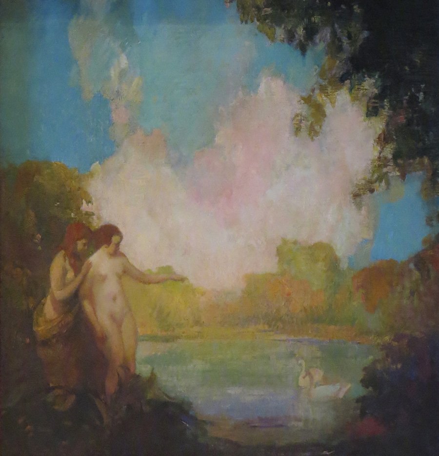 Ettore Caser Painting "Nudes & Swans": Beautiful Ettore Caser oil painting on canvas of nudes and swans. 25"h x 24"w. Original frame 31"h x 29"w.