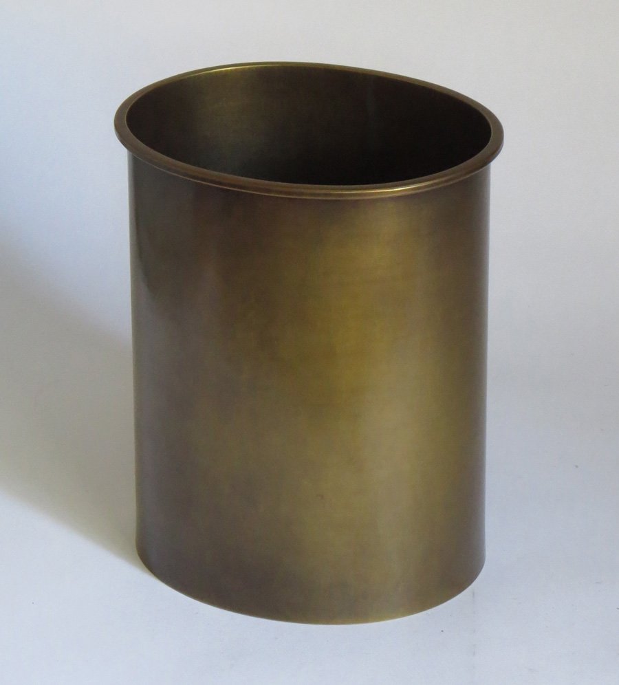 Dirk van Erp Hammered Brass Trash Can - Larger Size: Dirk van Erp hammered brass trash can. 12"h x 10"w x 8.75"d. Open-box, San Francisco, Handwrought mark.